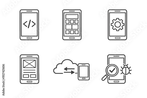 App development linear icon pack focused on mobile coding and digital products. Monochromatic vector set ideal for tech startups and SaaS platforms.