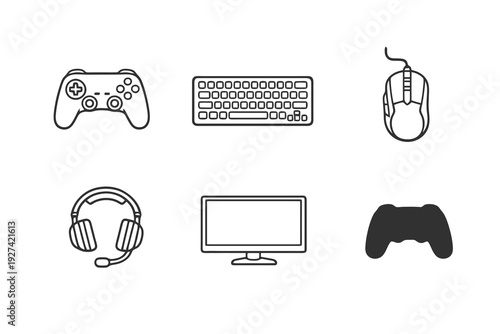 Esport gaming equipment outline icon set. Monochrome editable stroke vector collection isolated on transparent background for streaming, tournaments and digital platforms.