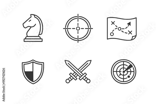 Esports strategy outline icon set. Monochrome editable stroke vector collection isolated on transparent background for competitive gaming tactics and digital platforms.