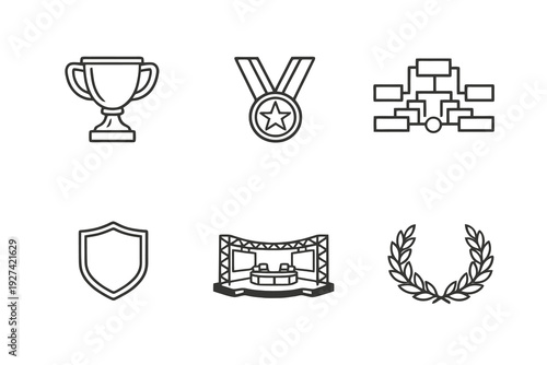 Competitive gaming linear icon pack focused on championships and online tournaments. Monochromatic vector set ideal for esports branding and streaming graphics.