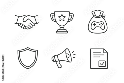 Esports sponsorship outline icon set. Monochrome editable stroke vector collection isolated on transparent background for gaming partnerships and tournament branding.