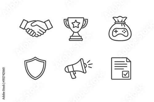 Gaming sponsorship linear icon pack focused on funding, marketing and competitive events. Monochromatic vector set ideal for esports business platforms.