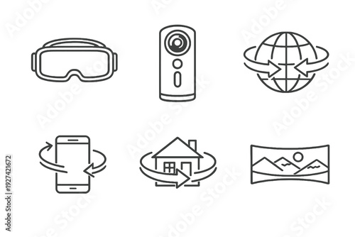 Virtual tour outline icon set. Monochrome editable stroke vector collection isolated on transparent background for immersive media and interactive design.