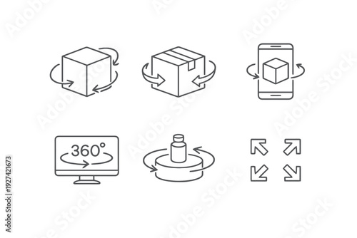 3D product viewer outline icon set. Monochrome editable stroke vector collection isolated on transparent background for ecommerce, UI and interactive product display.