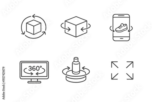 360 product spin linear icon pack focused on rotation controls and immersive shopping experience. Monochromatic vector set ideal for web and app interfaces.
