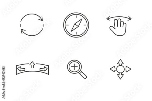 360 control linear icon pack focused on rotation, zoom and drag gestures. Monochromatic vector set ideal for virtual tours, product viewers and web apps.