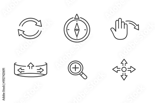 Panoramic navigation outline icon set. Monochrome editable stroke vector collection isolated on transparent background for 360 interfaces and interactive UI design.