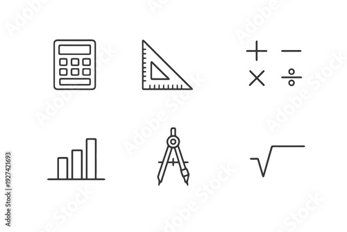 Math subject linear icon pack focused on algebra, geometry and calculation tools. Monochromatic vector set ideal for educational platforms and academic graphics.