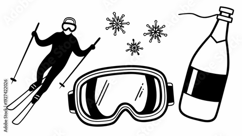 Skier in action with goggles and snowflakes nearby