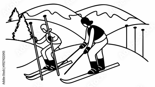 Skiers gliding down snowy mountain slopes in winter wonderland