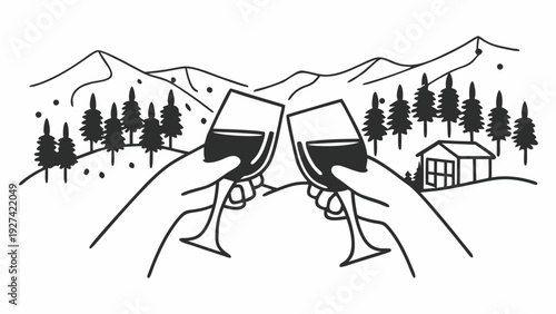 Hands clinking wine glasses in front of mountain landscape