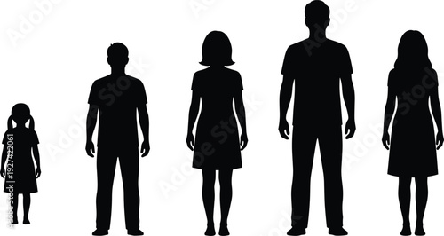 Set of family silhouettes featuring a little girl, teenage boy, young woman, adult man, and a lady standing together isolated.