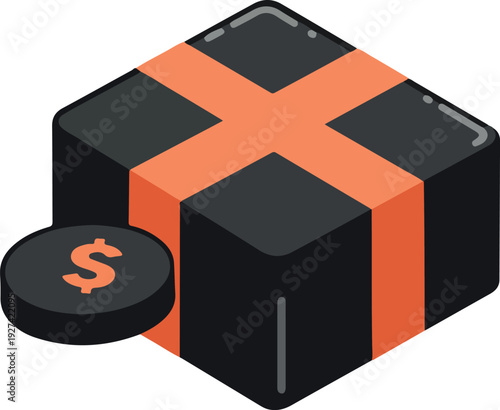 Isometric Black Gift Box With Orange Ribbon And Coin