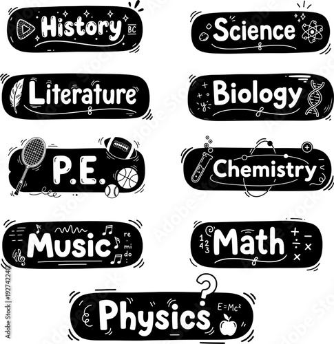 Hand Drawn School Subjects Label Set with Cute Doodles