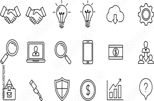 Business and technology outline icon collection. Includes handshake, lightbulb, cloud download, gear, magnifying glass, laptop, smartphone, money, user network, voting, shield, dollar coin
