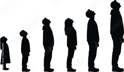 Silhouette of Growing People Children and Adults Standing in Line Looking Up Towards the Sky Representing Human Development and Progress