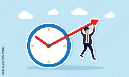 Businessman Hanging on Clock Hand Forming Arrow Illustration of Importance of Time Management in Business Management