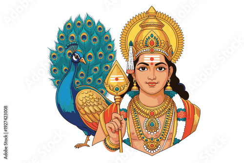 Hindu Lord Shiva Illustration with Trident and Peacock – Colorful Vector Art