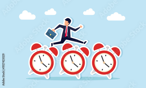 Businessman Jumping Over Row of Alarm Clocks Illustration of Handling Multiple Business Project Deadlines
