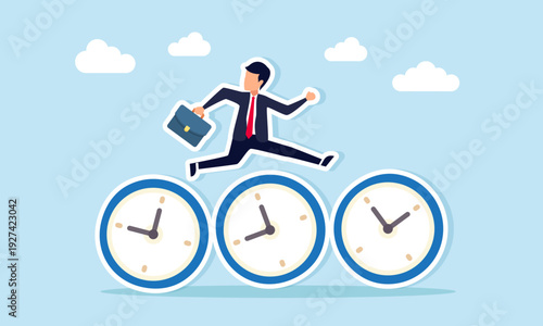 Businessman Jumping Over Row of Clocks Illustration of Effective Time Management to Complete Multiple Business Projects