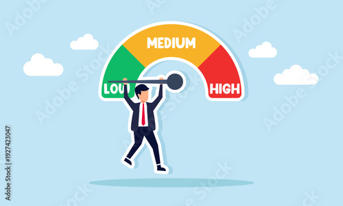 Businessman Hanging on Low Level Indicator Needle Illustration of Business Performance Decline and Weakening Growth