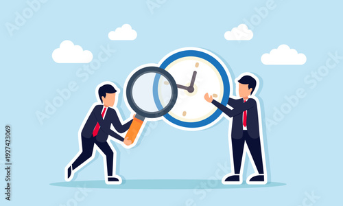 Businessman Using Magnifying Glass to Examine Clock Held by Another Businessman Illustration of Research on Time Management Effectiveness in Business
