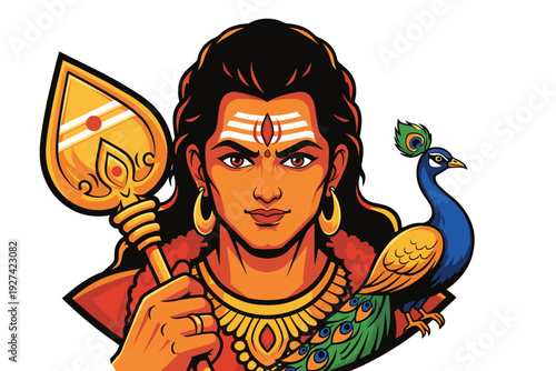 Hindu Lord Shiva Illustration with Trident and Peacock – Colorful Vector Art
