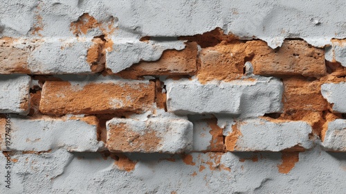Textured background of aged bricks covered with peeling paint and mortar creating a rustic and weathered appearance for use in design projects
