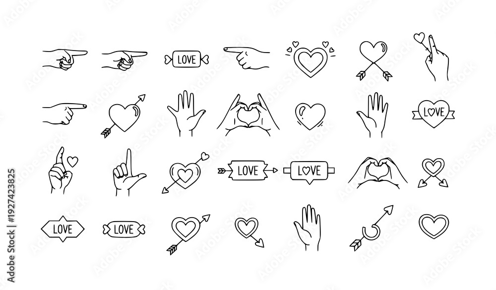 Fototapeta premium Valentine Day Hand Drawn Doodle Set with Hearts Hands and Romantic Clipart Elements