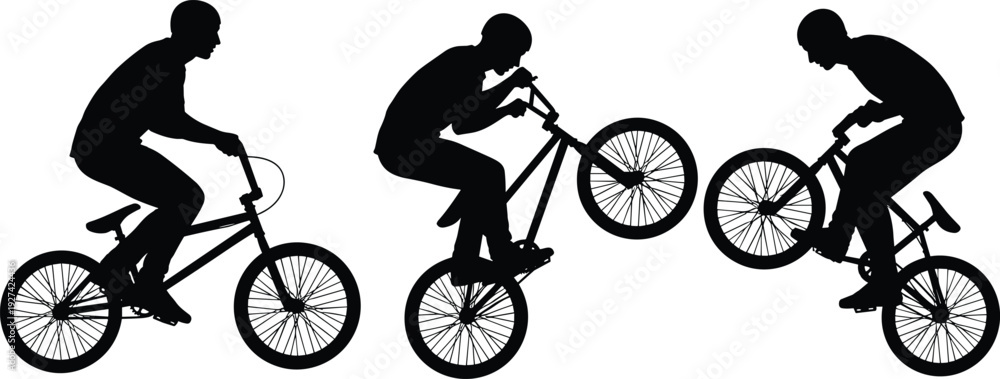 Obraz premium BMX stunt silhouette sequence, rider performing wheelie and jump, extreme sports action, cycling trick illustration, dynamic motion, freestyle biking, adrenaline, outdoor adventure