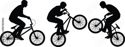 BMX stunt silhouette sequence, rider performing wheelie and jump, extreme sports action, cycling trick illustration, dynamic motion, freestyle biking, adrenaline, outdoor adventure