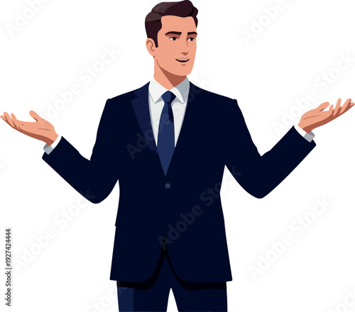 Man In Navy Suit With Tie Shrugging Shoulders White Background