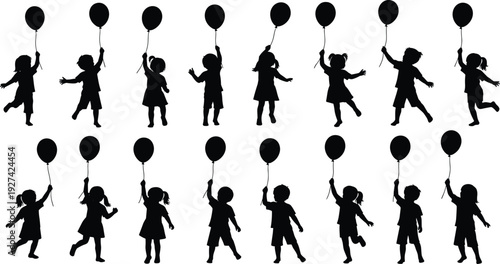 Children silhouettes holding balloons, playful poses, running and jumping, joyful childhood moments, carefree happiness, dynamic movement illustration, festive celebration concept, fun design element