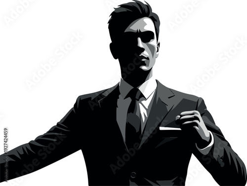 Man in Stylish Dark Suit with Pocket Square Dramatic Lighting