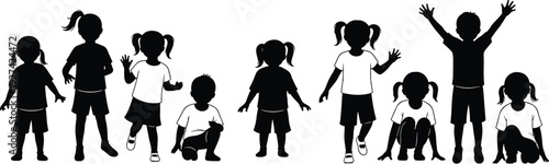 Children silhouettes collection, kids in playful poses, standing, squatting, kneeling, dynamic posture illustration, childhood design, black vector art, youth activity icons