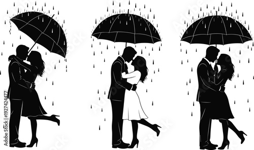 Couple silhouettes kissing under umbrella in rain, romantic embrace illustration, love protection concept, intimacy vector art, passion symbol design for relationship