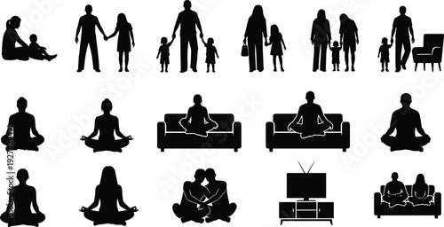 Family and meditation silhouette collection, parents with children, couple sitting together, yoga poses on sofa, home lifestyle illustration isolated on white background