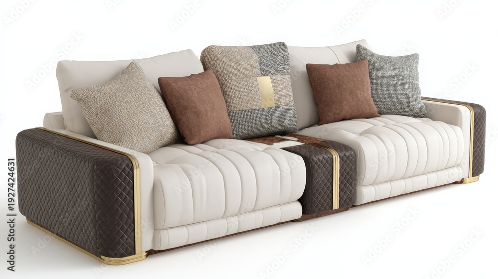Fototapeta premium Luxury cream and brown leather modular sofa with wood and gold accents