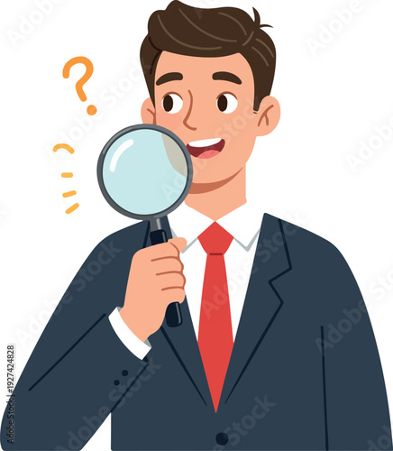 Man In Suit With Magnifying Glass Looking For Answers