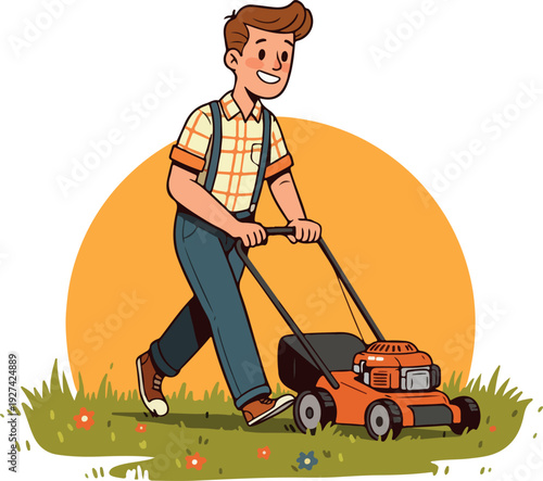 Man Mowing Lawn with Orange Mower Bright Sun Flat Design