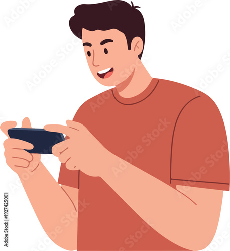 Man Playing Mobile Game Outdoors Flat Design Minimal Illustration
