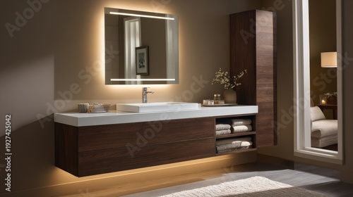 Modern brown bathroom vanity with LED strip, mirror and sink
