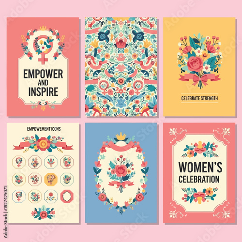 A collection of six vibrant and colorful illustrations celebrating women's empowerment and inspiration with floral motifs and empowering messages.