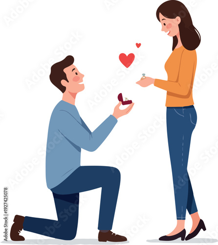 Man Proposing to Woman with Ring in Red Box Orange Sweater Blue Jeans