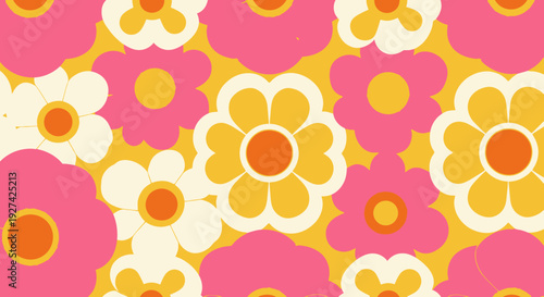Retro 70s Floral Seamless Pattern with Vibrant Pink and Yellow Flowers, Vintage Hippie Style Background for Summer Fashion, Textile Design and Groovy Wallpaper.