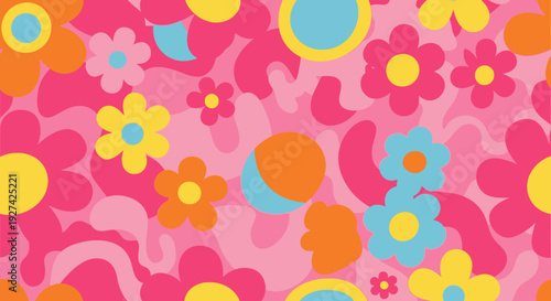 Vibrant Retro Groovy Flower Pattern Seamless Background with Pink Yellow Orange and Blue Floral Elements and Abstract Wavy Shapes for Hippie Style Design.