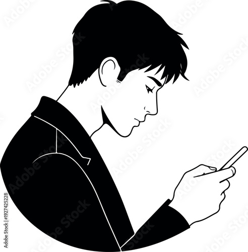 Man Using Smartphone Minimalist Black and White Vector Illustration