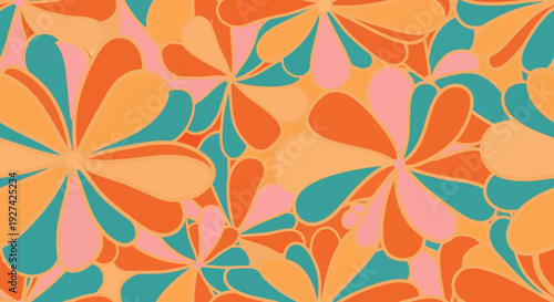 Retro 70s Floral Seamless Pattern with Vibrant Orange Teal and Pink Colors Groovy Hippie Style Background for Summer Fashion Textile and Digital Wallpaper Art.