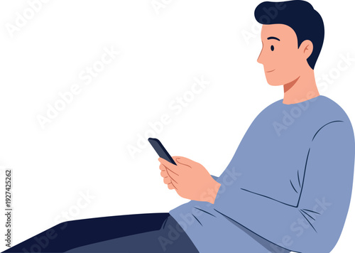 Man Using Smartphone Sitting Casual Blue Sweater Isolated White Background