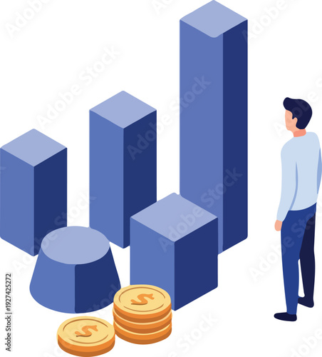 Man Watching Blue Bar Graph Growth With Gold Coins Investment Finance